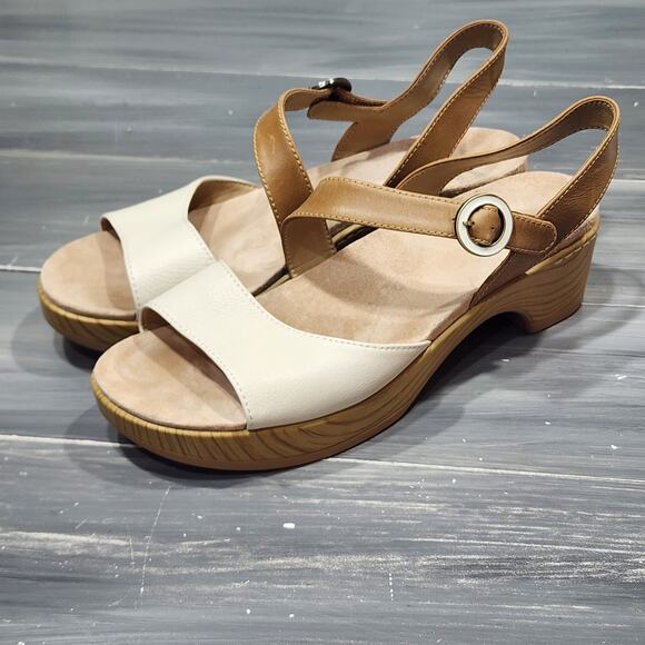 Dansko Marjory Sandals Leather Asymmetrical Strap Heeled 41 US 10.5/11 Ivory Tan - Picture 1 of 12